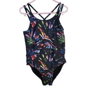 Zella Girls One‑Piece Swimsuit Size 10 Cutout Back Criss Cross Straps Multicolor